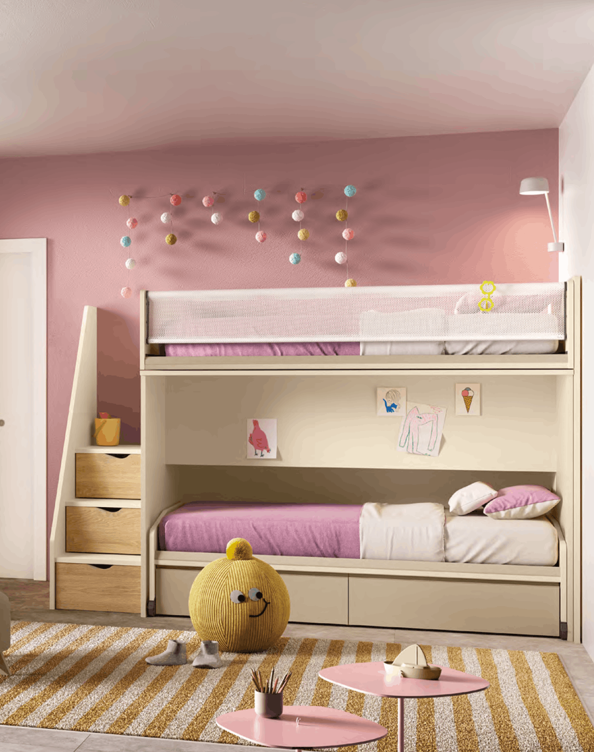Cameretta bambini letto a castello rosa avorio — NottiAmo Piacenza
